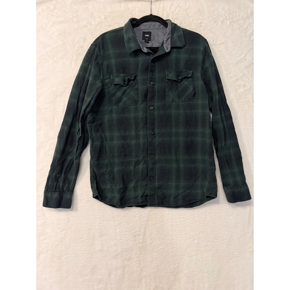 Vans Mens Tailored Fit Flannel Shirt Green Black Plaid Long Sleeve VN0A36HXQHK L